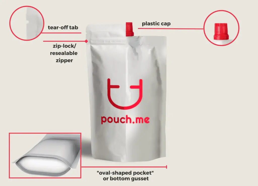 Stand Up Pouch with tear off tab, resealable zipper, plastic cap, and bottom gusset